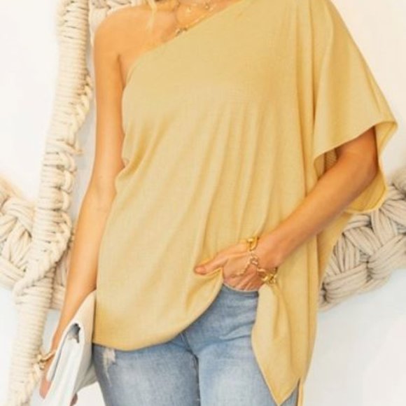 LADIES YELLOW ONE SHOULDER DRAPED TOP S-XL